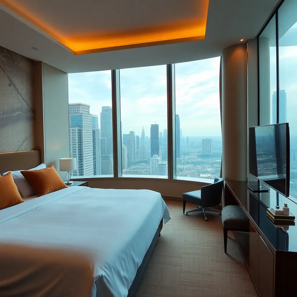 Luxury hotel room with king size bed, modern amenities, and city view through large windows